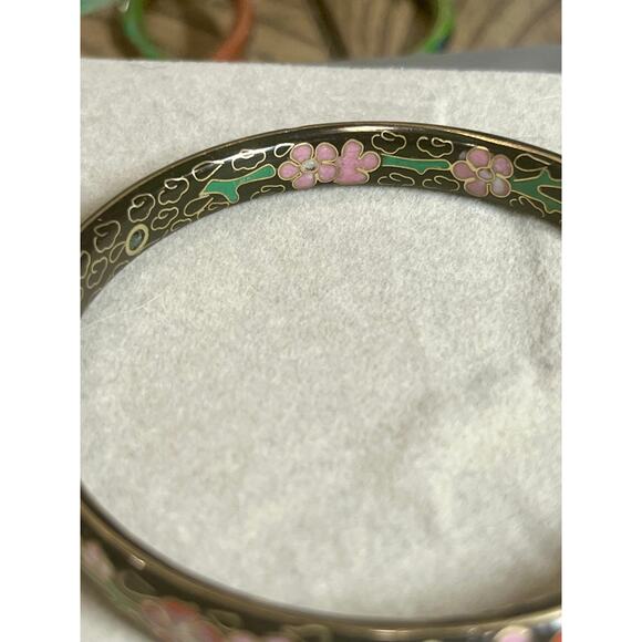 Vintage Cloisonné Enamel Bangle Bracelet Set of 3 Floral Chinoiserie Stackable - Picture 6 of 12
